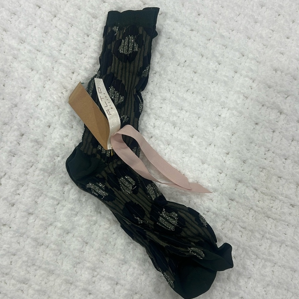 Alto Milano Olive Green Cheetah Metallic Calf Socks NWT NEVER USED